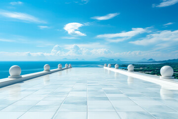 Obraz premium Wide empty white street road line skyline with ocean far background , Generative Ai