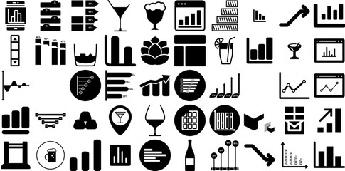 Big Collection Of Bar Icons Set Linear Cartoon Silhouettes Infographic, Symbol, Icon, Granola Signs For Apps And Websites
