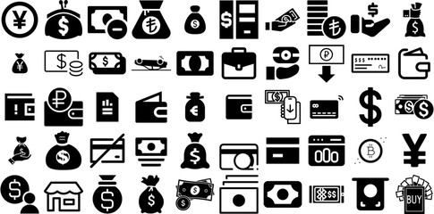 Big Collection Of Cash Icons Collection Hand-Drawn Isolated Vector Symbol Way, Icon, Finance, Coin Glyphs Isolated On White Background