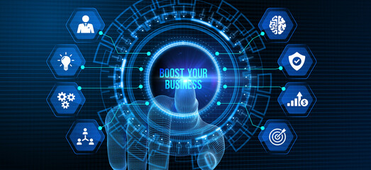 Business, Technology, Internet and network concept. Young businessman shows the word: Boost your business. 3d illustration