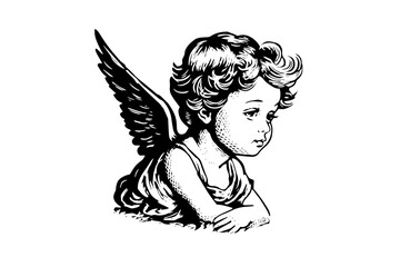 Little angel vector retro style engraving black and white illustration. Cute baby with wings - obrazy, fototapety, plakaty