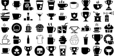 Big Collection Of Cup Icons Pack Linear Cartoon Glyphs Measurement, Tool, Victory, Icon Doodle Isolated On Transparent Background - obrazy, fototapety, plakaty
