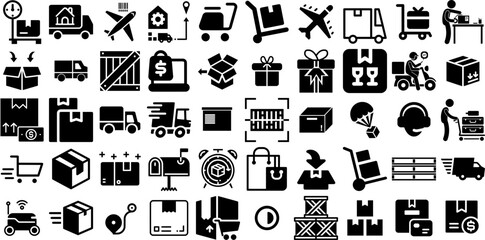 Huge Set Of Delivery Icons Pack Hand-Drawn Black Concept Elements Set, Global, Carousel, Rapid Pictogram Isolated On Transparent Background