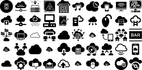 Huge Set Of Computing Icons Bundle Hand-Drawn Linear Simple Clip Art Glyphs, Icon, Networking, Hosting Silhouette Isolated On White Background