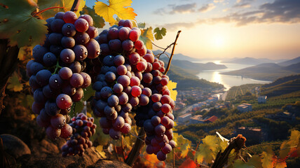 Grape harvest, Vineyards at sunset in autumn harvest ripe grapes in fall. Generative Ai - obrazy, fototapety, plakaty