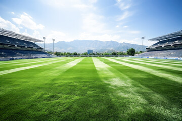 Ultra Wide empty field of green grass among stand stadium with mountain far background , Generative Ai
