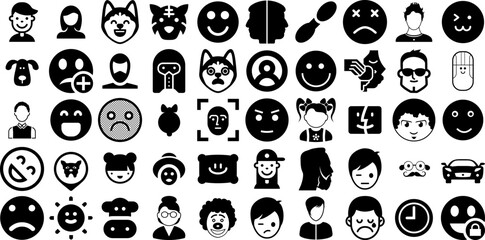 Big Collection Of Face Icons Pack Isolated Drawing Pictograms Laundered, Silhouette, Farm Animal, Profile Doodles Isolated On White Background