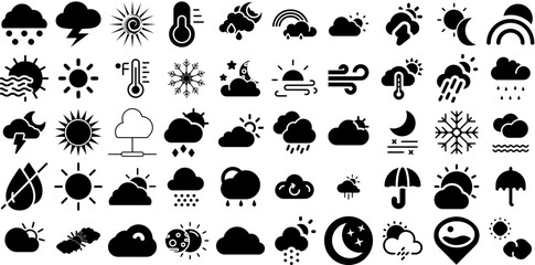 Mega Set Of Forecast Icons Set Linear Concept Silhouette Icon, Pensioner, Anemometer, Weather Forecast Pictograms For Apps And Websites