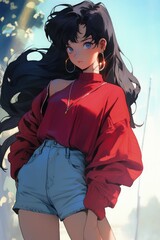 Beautiful hot anime girl in short shorts and jacket