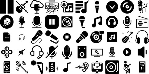 Huge Collection Of Music Icons Collection Black Cartoon Silhouettes Singer, Entertainment, Tool, Speaker Doodles Isolated On White Background