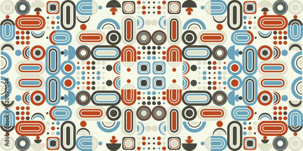 Poster Seamless pattern that make up an abstract background pattern for packaging, wallpaper, surfaces, print, design. Flat and colorful retro pattern.