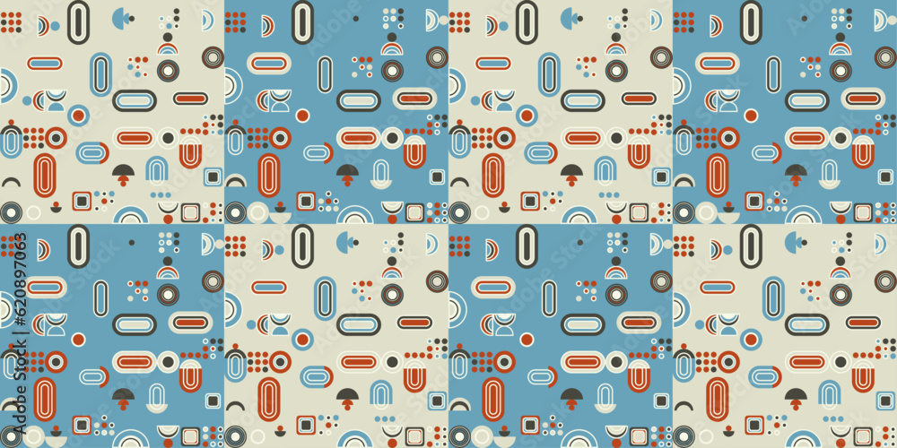 Leinwandbilder Flat geometric retro style seamless pattern that make up an abstract background pattern for packaging, wallpaper, surfaces, print, design. Flat and blue retro pattern.
