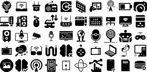 Massive Set Of Technology Icons Bundle Hand-Drawn Solid Infographic Pictograms Illumination, Tool, Coin, Printing Symbols Vector Illustration