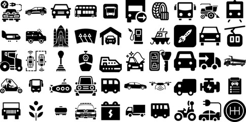 Big Set Of Vehicle Icons Collection Black Simple Clip Art Coin, Holiday Maker, Wheel, Icon Pictograph Isolated On White Background