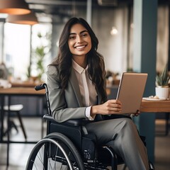 Woman in a wheelchair works in the office. Image generated by AI. - obrazy, fototapety, plakaty