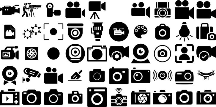 Huge Collection Of Camera Icons Collection Hand-Drawn Black Simple Glyphs Photo Camera, Camcorder, Tool, Silhouette Clip Art Isolated On Transparent Background
