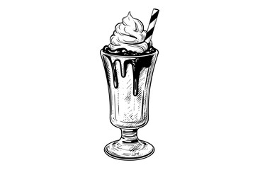 Chocolate milk shake sketch engraving vector illustration. Black and white isolated composition.