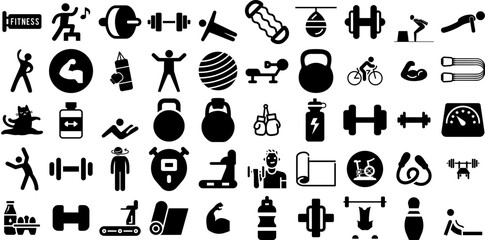 Big Collection Of Fitness Icons Bundle Hand-Drawn Isolated Drawing Silhouette Health, Silhouette, Icon, Bicep Element Vector Illustration
