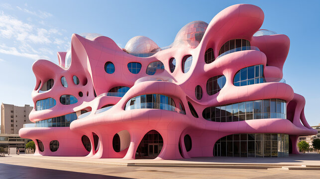 Pink Building, Modern Architectural Design, 3D Render, 3D Illustration