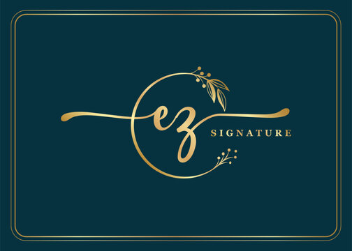 luxury gold signature initial ez logo design isolated leaf and flower