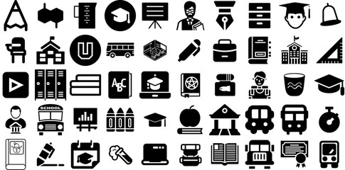 Huge Set Of School Icons Set Solid Vector Web Icon Set, Course, Draw, Apple Pictogram Isolated On Transparent Background