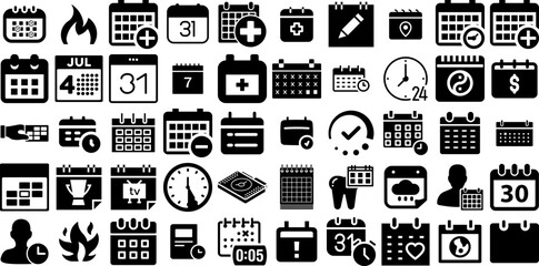 Huge Collection Of Schedule Icons Pack Black Simple Silhouette Icon, Birth, Plan, Day Illustration Isolated On White