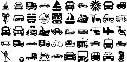 Mega Collection Of Transportation Icons Collection Black Design Signs Funicular, Set, Bus, Global Logotype Isolated On White Background - obrazy, fototapety, plakaty