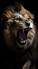 Portrait of dangerous, furious lion with open mouth and bared teeth on the black background. Detail face of lion, close-up. Lion ready to attack. Generative AI