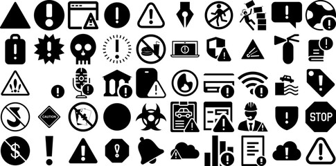Mega Collection Of Warning Icons Bundle Linear Design Silhouette Icon, Attention, Symbol, Tracking Pictograph Isolated On Transparent Background