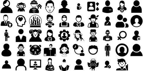 Huge Collection Of Avatar Icons Set Black Infographic Glyphs Team, Profile, Icon, Silhouette Elements Vector Illustration