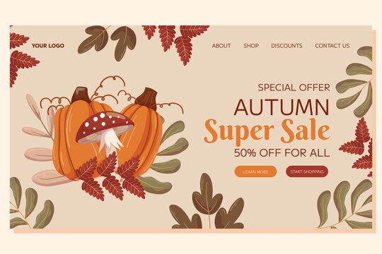 Autumn Super Sale Landing page template event design. Different leaves branches, pumpkins and mushroom fly agaric. Web page with spicial offer deal for on-line store