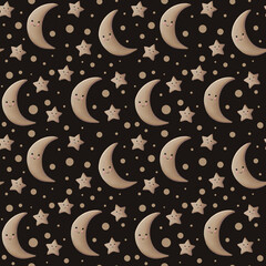 Seamless pattern with cute moon and stars for children on a dark background