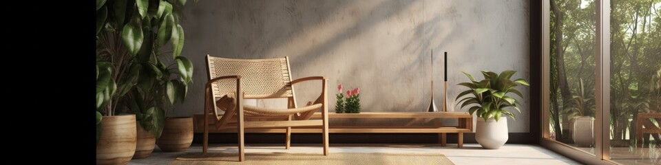 rattan armchair at wooden gloor terrace balcony sunrise home interior design,image ai generate