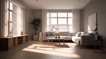 Naklejka na ściany i meble home interior design white and clean minimal living room sofa clear light day time nature earth tone material scheme colour image, image ai generate