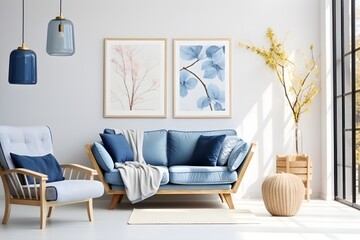interior design, White and blue living room with sofa, armchair, lamp, posters. generative AI.