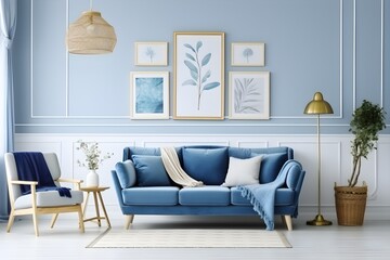 interior design, White and blue living room with sofa, armchair, lamp, posters. generative AI.