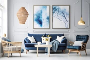 Fototapeta na wymiar interior design, White and blue living room with sofa, armchair, lamp, posters. generative AI.