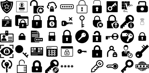 Massive Set Of Password Icons Set Linear Design Silhouettes Shield, Login, Icon, Restore Graphic Isolated On White Background