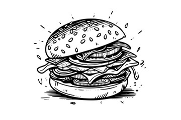 Burger engraving style art. Hand drawn vector illustration of hamburger. - obrazy, fototapety, plakaty