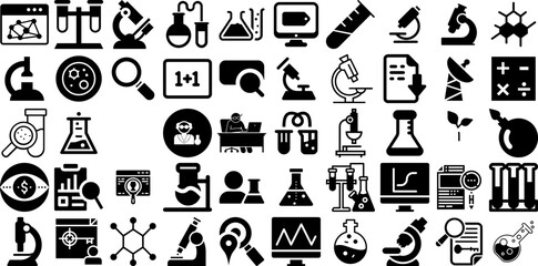 Mega Set Of Research Icons Pack Hand-Drawn Black Vector Clip Art Tool, Icon, Magnifier, Product Clip Art Vector Illustration