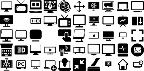 Mega Collection Of Screen Icons Bundle Hand-Drawn Black Vector Pictograms Tablet, Icon, Thin, Full Silhouette For Apps And Websites