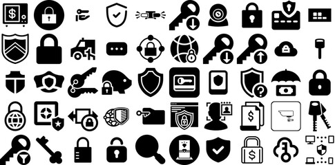 Mega Collection Of Security Icons Pack Hand-Drawn Black Concept Symbols Person, Tool, Mark, Set Pictograph For Apps And Websites