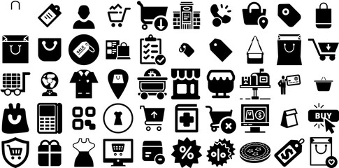 Mega Set Of Shopping Icons Set Hand-Drawn Black Vector Silhouette Goodie, Shopping Centre, Mark, Purchase Logotype For Computer And Mobile