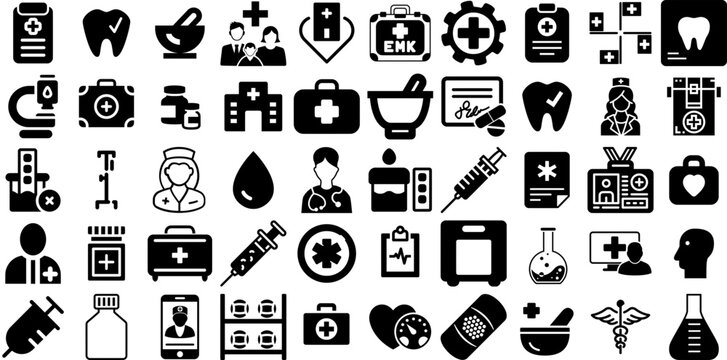 Big Collection Of Medicine Icons Bundle Hand-Drawn Black Drawing Web Icon People, Health, Patient, Microbiology Logotype Isolated On Transparent Background