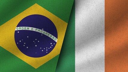 Ireland and Brazil, Brasil Realistic Two Flags Together, 3D Illustration