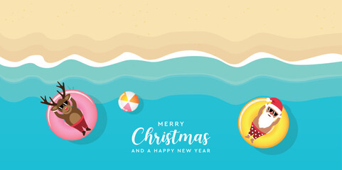 cute santa claus and deer relaxing on float ring in water on the beach vector illustration EPS10