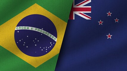 New Zealand and Brazil, Brasil Realistic Two Flags Together, 3D Illustration