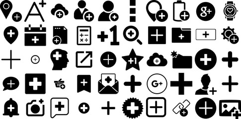 Mega Set Of Plus Icons Pack Solid Simple Clip Art Symbol, Gradient, Finance, Icon Signs Vector Illustration