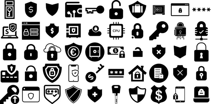 Massive Set Of Secure Icons Collection Black Cartoon Clip Art Silhouette, Card, Icon, Person Glyphs Isolated On Transparent Background