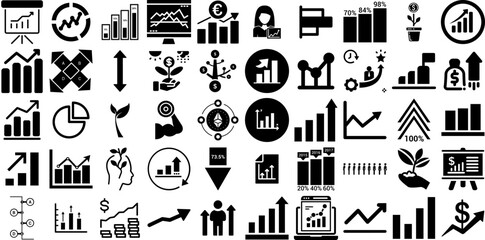 Massive Collection Of Growth Icons Set Isolated Cartoon Clip Art Line, Coin, Investment, Finance Pictograph Isolated On White Background - obrazy, fototapety, plakaty